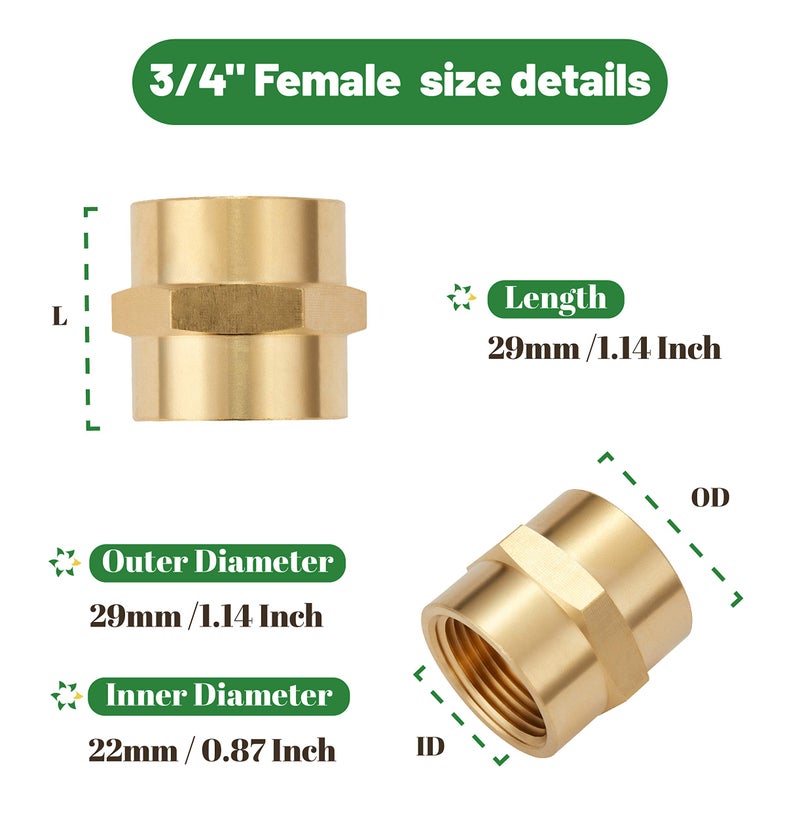 Litorange 2 Pack Metals Brass Pipe Fitting Connector Adapter Hex Coupling 3/4" NPT Female x 3/4 Inch NPT Female Air Hose Fittings - Image 5